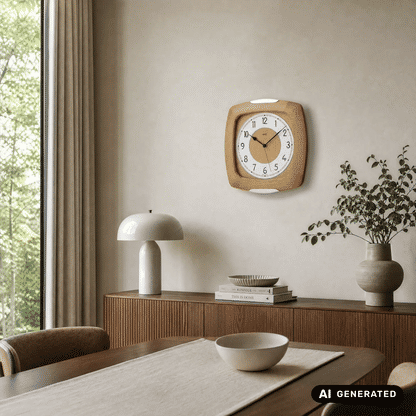Funk-Wanduhr an der Wand mit Holzgehäuse und Mineralglas-Front, Zifferblatt mit Minutenringen