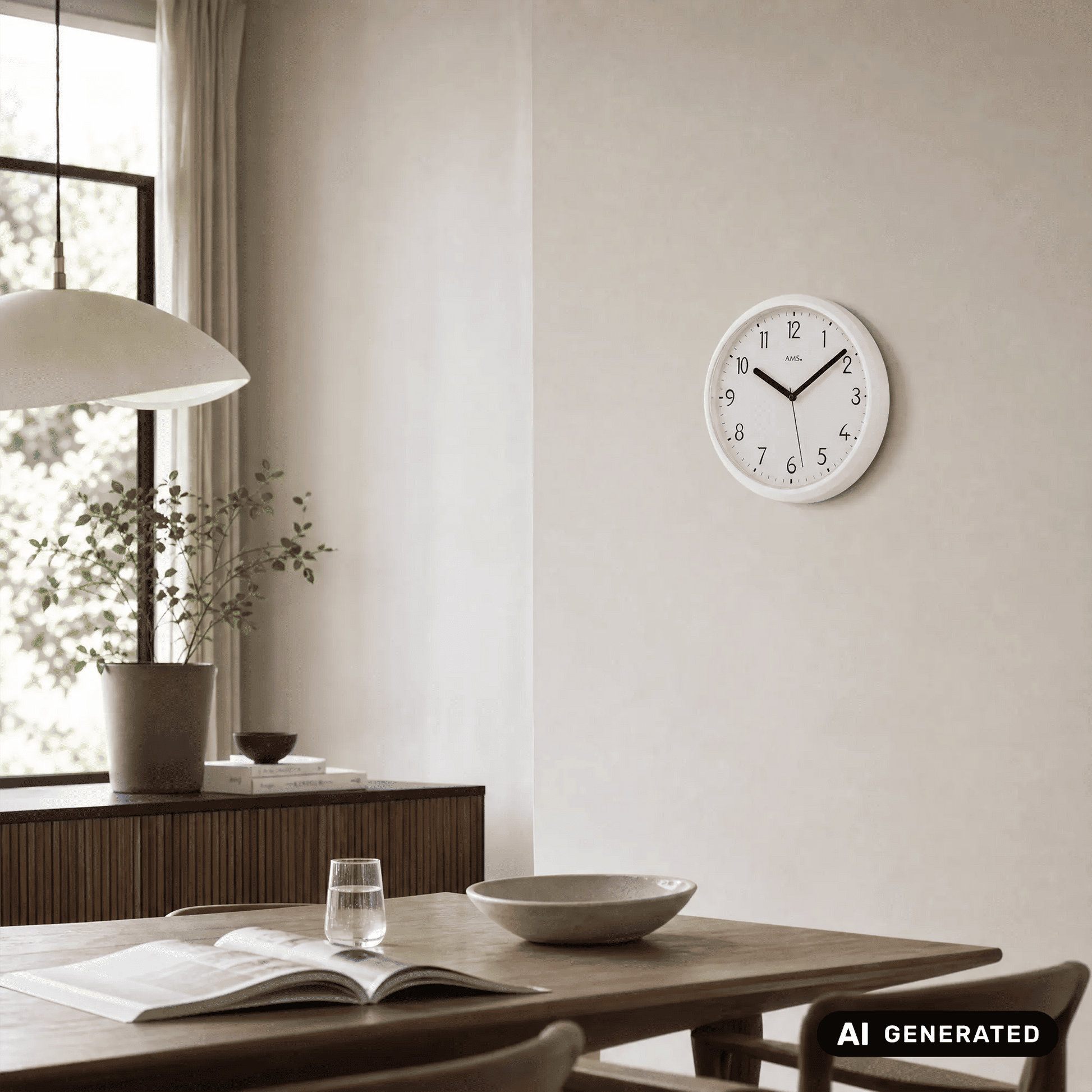 Weiße runde Wanduhr an der Wand mit schwarzen Zeigern und gut lesbaren Ziffern.