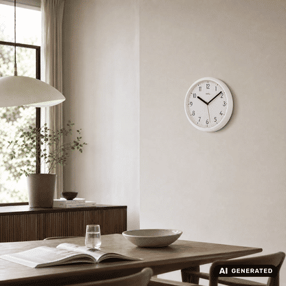 Weiße runde Wanduhr an der Wand mit schwarzen Zeigern und gut lesbaren Ziffern.