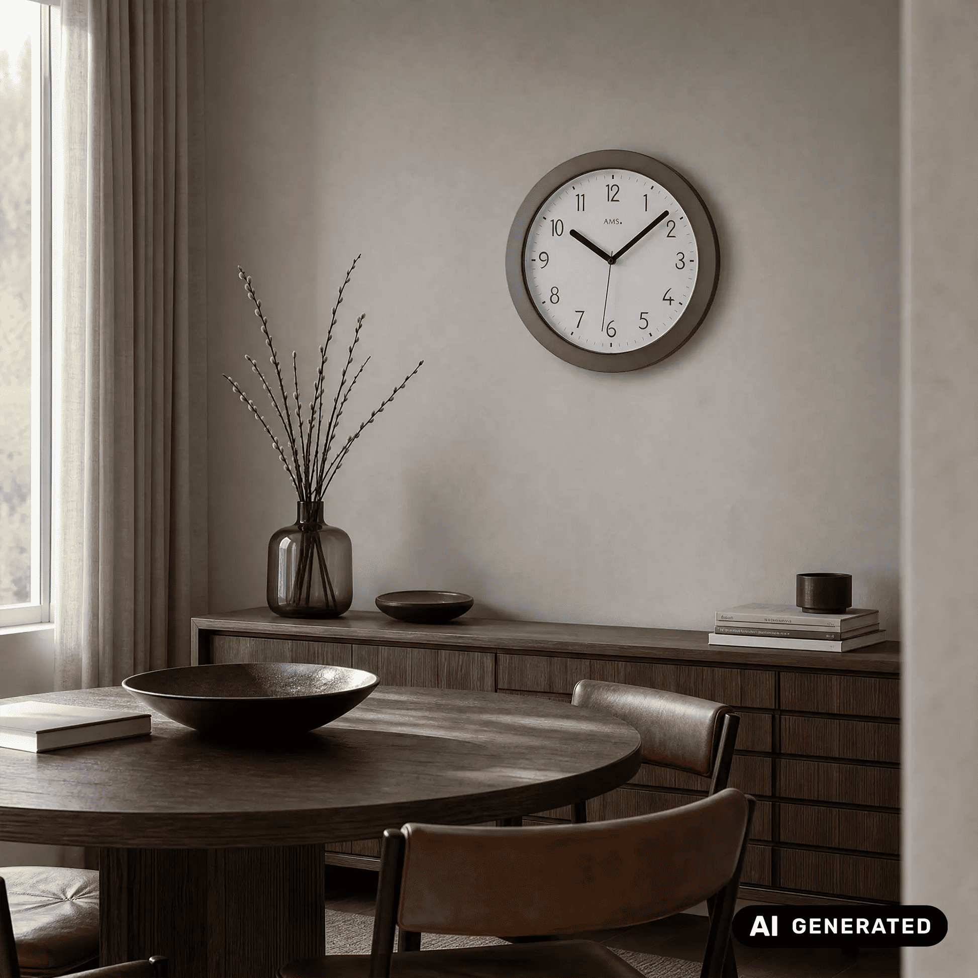 Funk-Wanduhr mit schwarzem Kunststoffgehäuse, weißem Ziffernblatt und schwarzen Zeigern