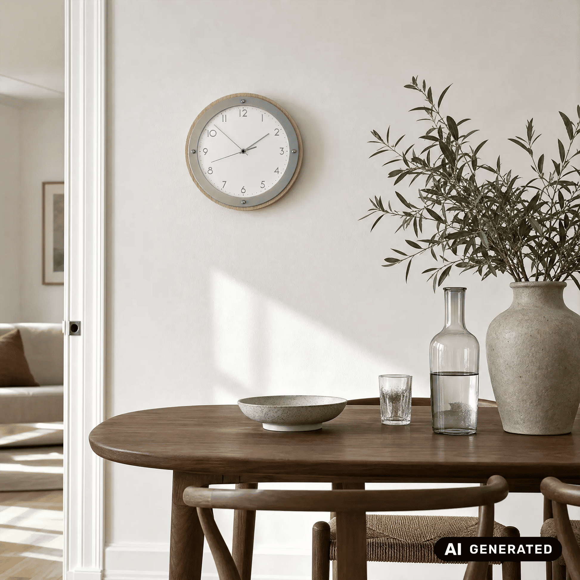 Wanduhr an der Wand, rundes Holzgehäuse mit grauem Ziffernblatt und Zeigern