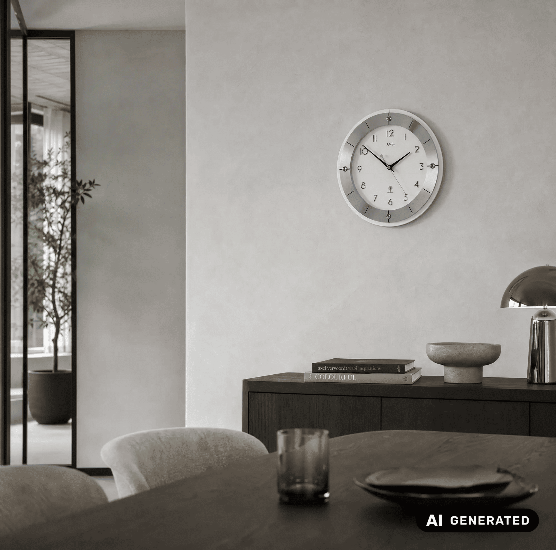 Wanduhr mit silbernem Metallring und weißem Zifferblatt, schwarze Zeiger und Indexe