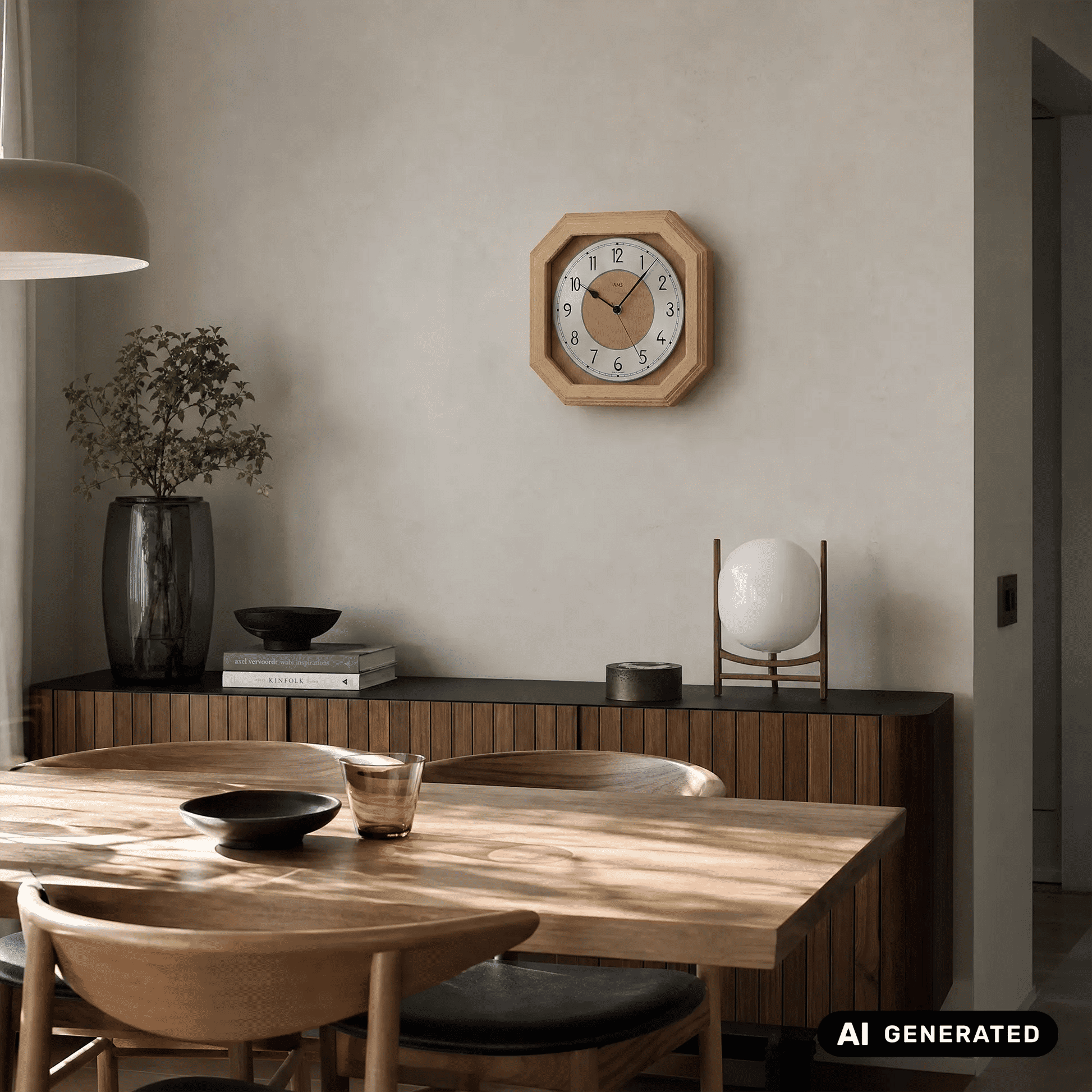 Funk-Wanduhr mit Holzgehäuse und silbernem Aluminiumziffernring an der Wand