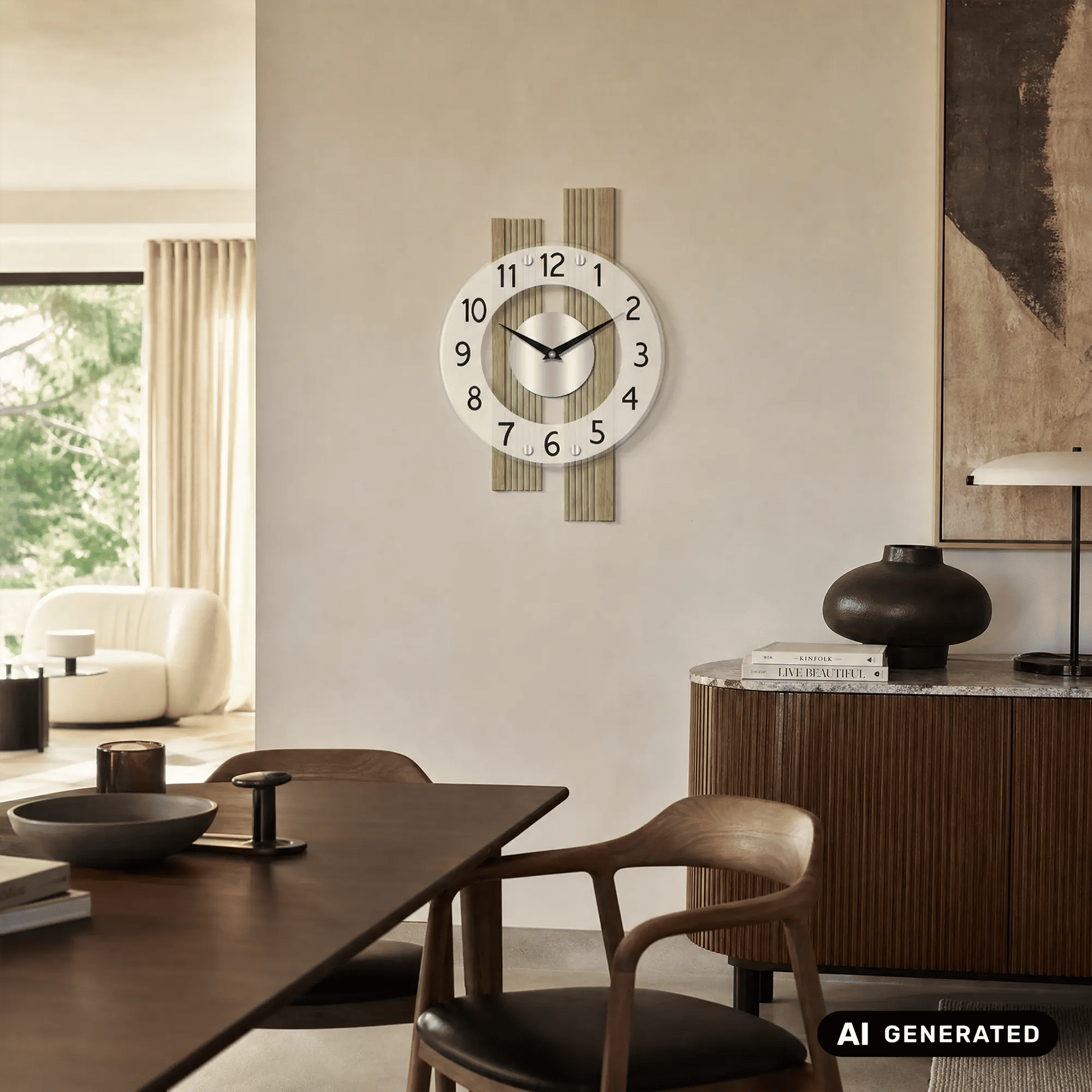 Wanduhr an der Wand mit weißem Zifferblatt, Eichenholzstreifen und schwarzen Ziffern