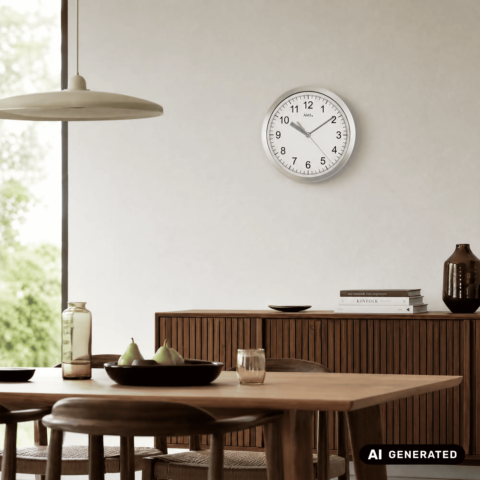 Wanduhr AMS-Funkwerk mit weißem Zifferblatt im silbernen Aluminiumrahmen an der Wand