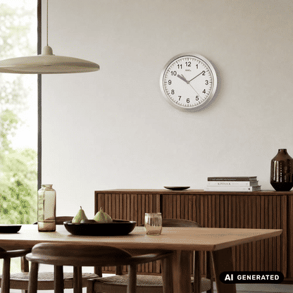 Wanduhr AMS-Funkwerk mit weißem Zifferblatt im silbernen Aluminiumrahmen an der Wand