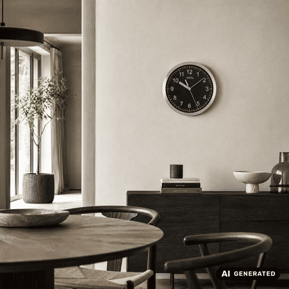 Wanduhr an der Wand mit schwarzem Ziffernblatt und silbernem Aluminiumrahmen, AMS