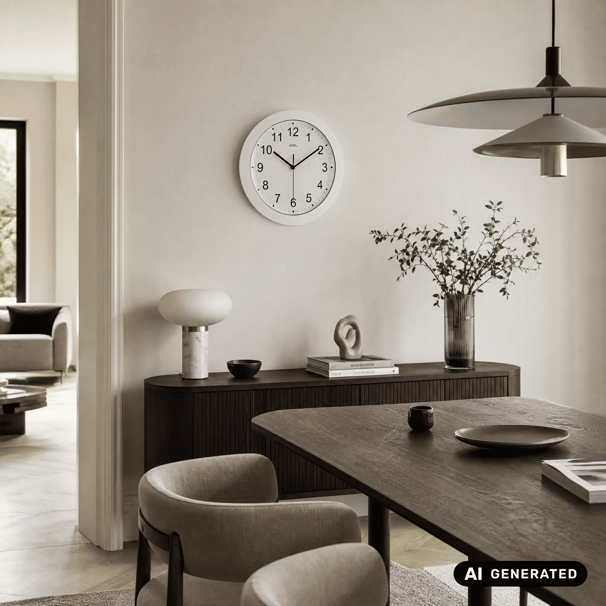 Weiße Funk-Wanduhr an der Wand, rundes Gehäuse mit schwarzen Zeigern und Ziffern