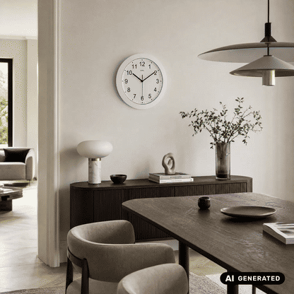 Weiße Funk-Wanduhr an der Wand, rundes Gehäuse mit schwarzen Zeigern und Ziffern