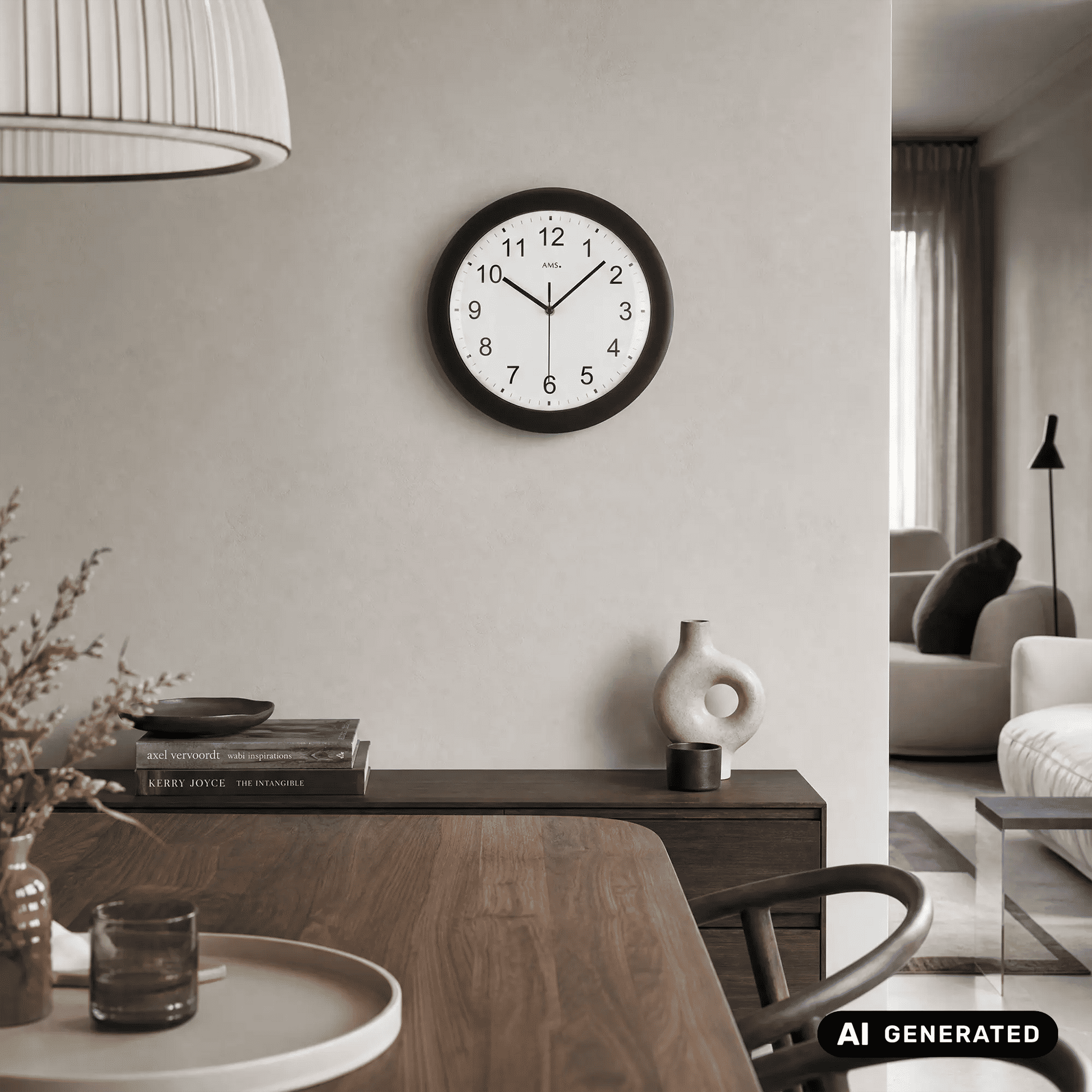 Schwarze Funk-Wanduhr an der Wand, rundes Zifferblatt mit arabischen Ziffern
