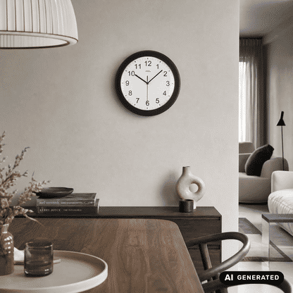 Schwarze Funk-Wanduhr an der Wand, rundes Zifferblatt mit arabischen Ziffern