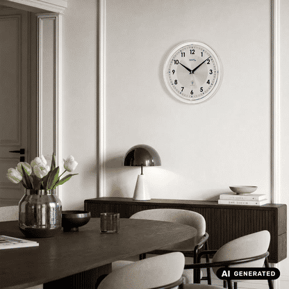 AMS Funk-Wanduhr an der Wand mit weißem Zifferblatt, schwarzen Zeigern und Ziffern