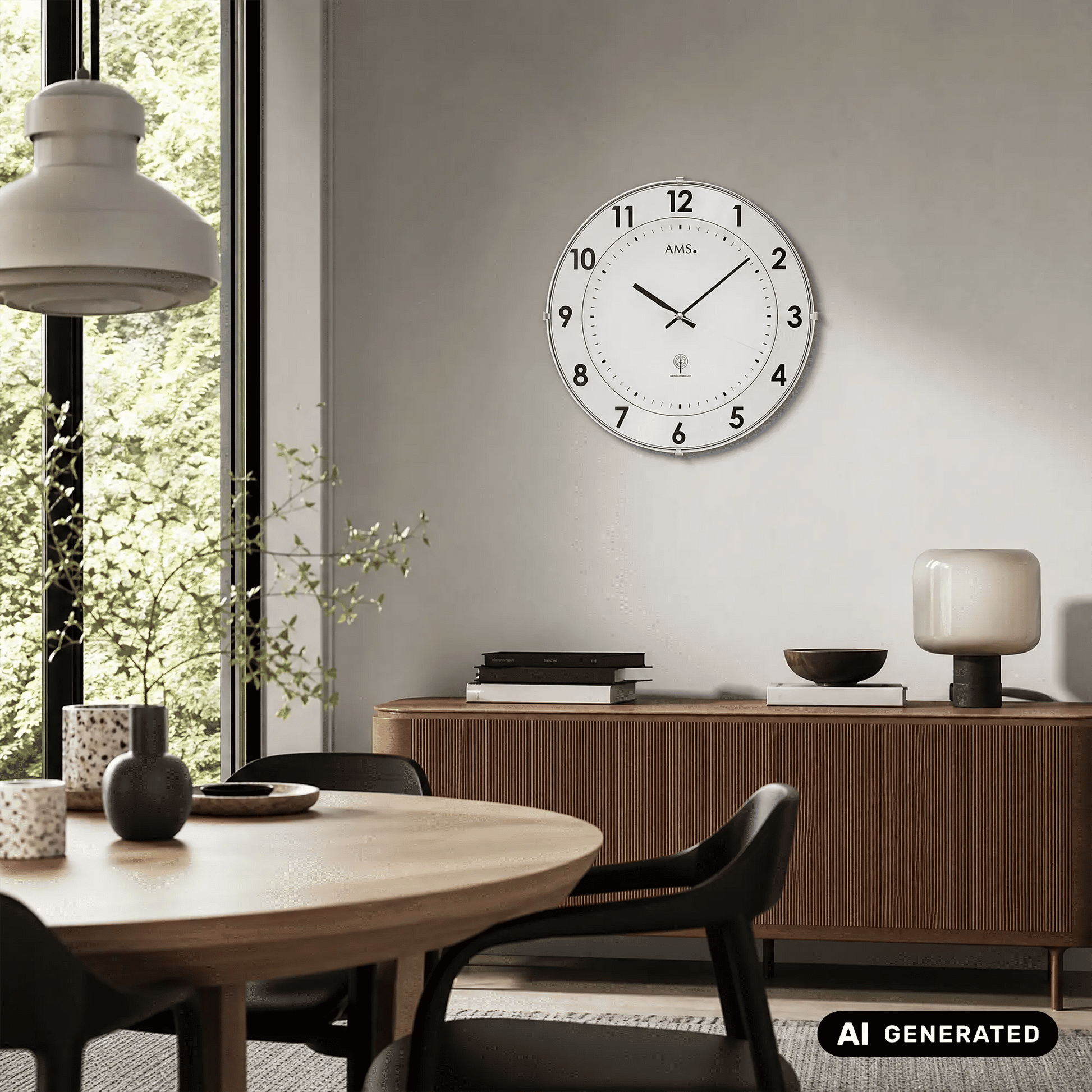 Funk-Wanduhr an der Wand mit weißem Ziffernblatt, schwarzen Zahlen und Zeigern