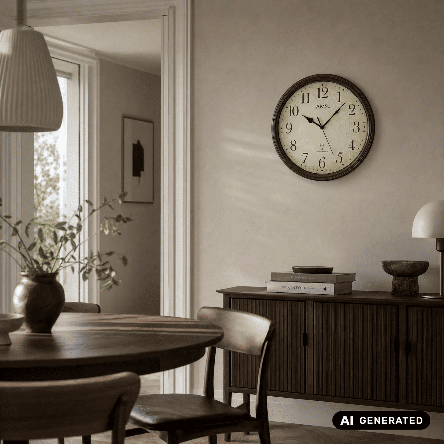 Wanduhr an der Wand: runder schwarzer Metallrahmen, beiges Zifferblatt mit Zahlen