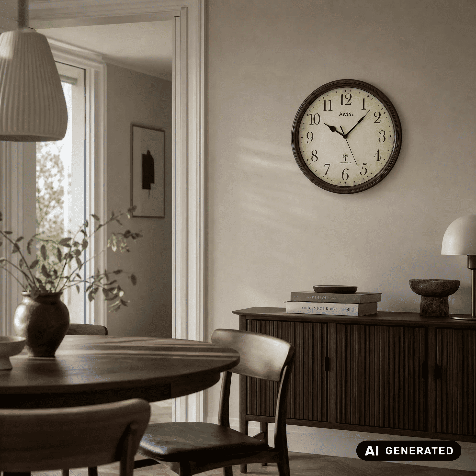 Wanduhr an der Wand: runder schwarzer Metallrahmen, beiges Zifferblatt mit Zahlen