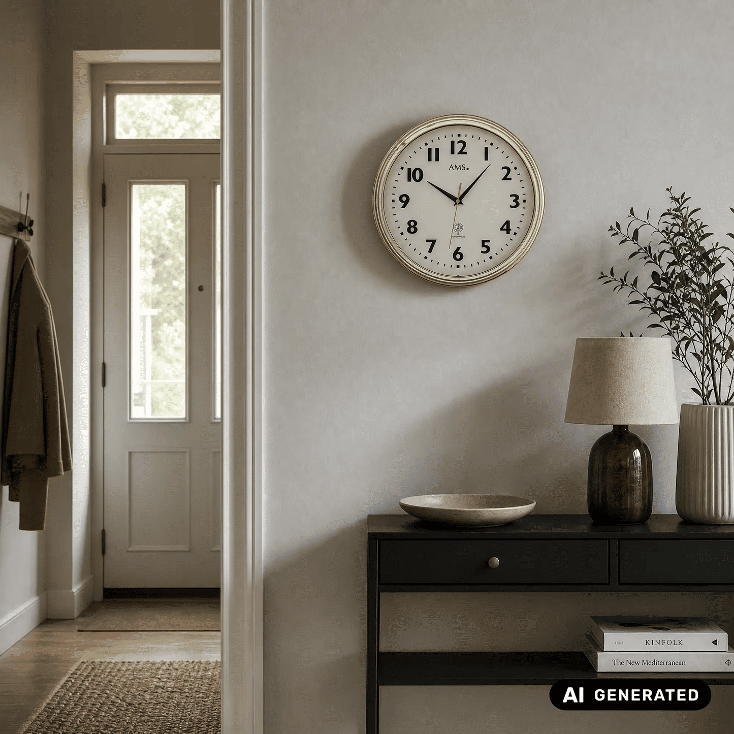 Funk-Wanduhr an der Wand: Messingfarbener Rahmen, weißes Zifferblatt, schwarze Stundenmarkierungen