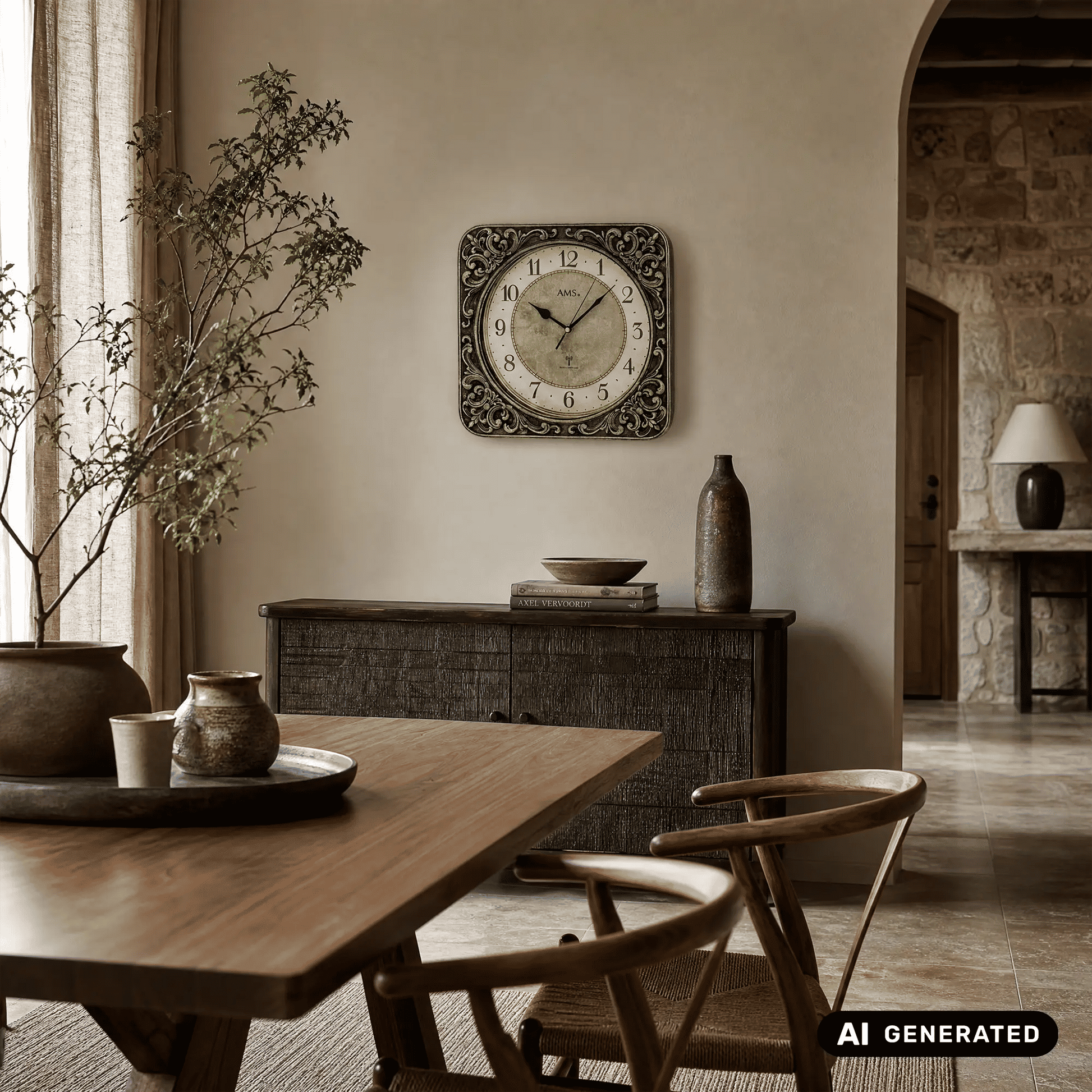 Funk-Wanduhr an der Wand: quadratisches Design, ornamentale Einfassung, Ziffernblatt mit Zeigern