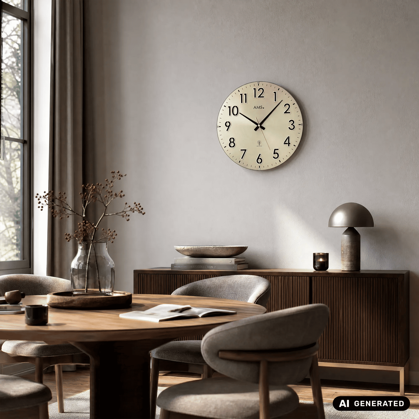Runde Wanduhr mit goldfarbenem Zifferblatt, schwarzen Zeigern und klaren arabischen Ziffern