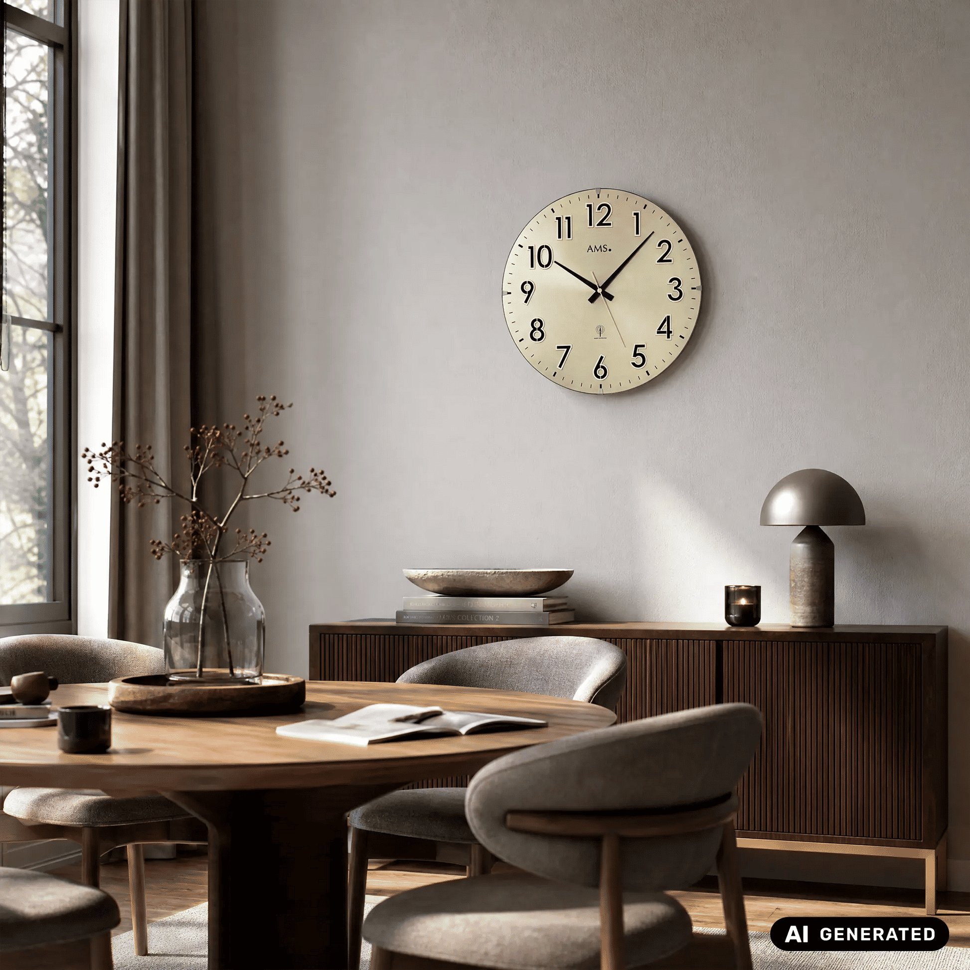 Runde Wanduhr mit goldfarbenem Zifferblatt, schwarzen Zeigern und klaren arabischen Ziffern