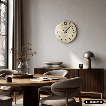 Runde Wanduhr mit goldfarbenem Zifferblatt, schwarzen Zeigern und klaren arabischen Ziffern
