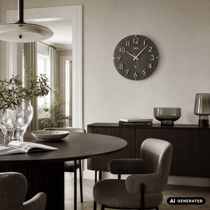 AMS Funk-Wanduhr an der Wand, rundes dunkles Zifferblatt mit silbernen Ziffern und Zeigern
