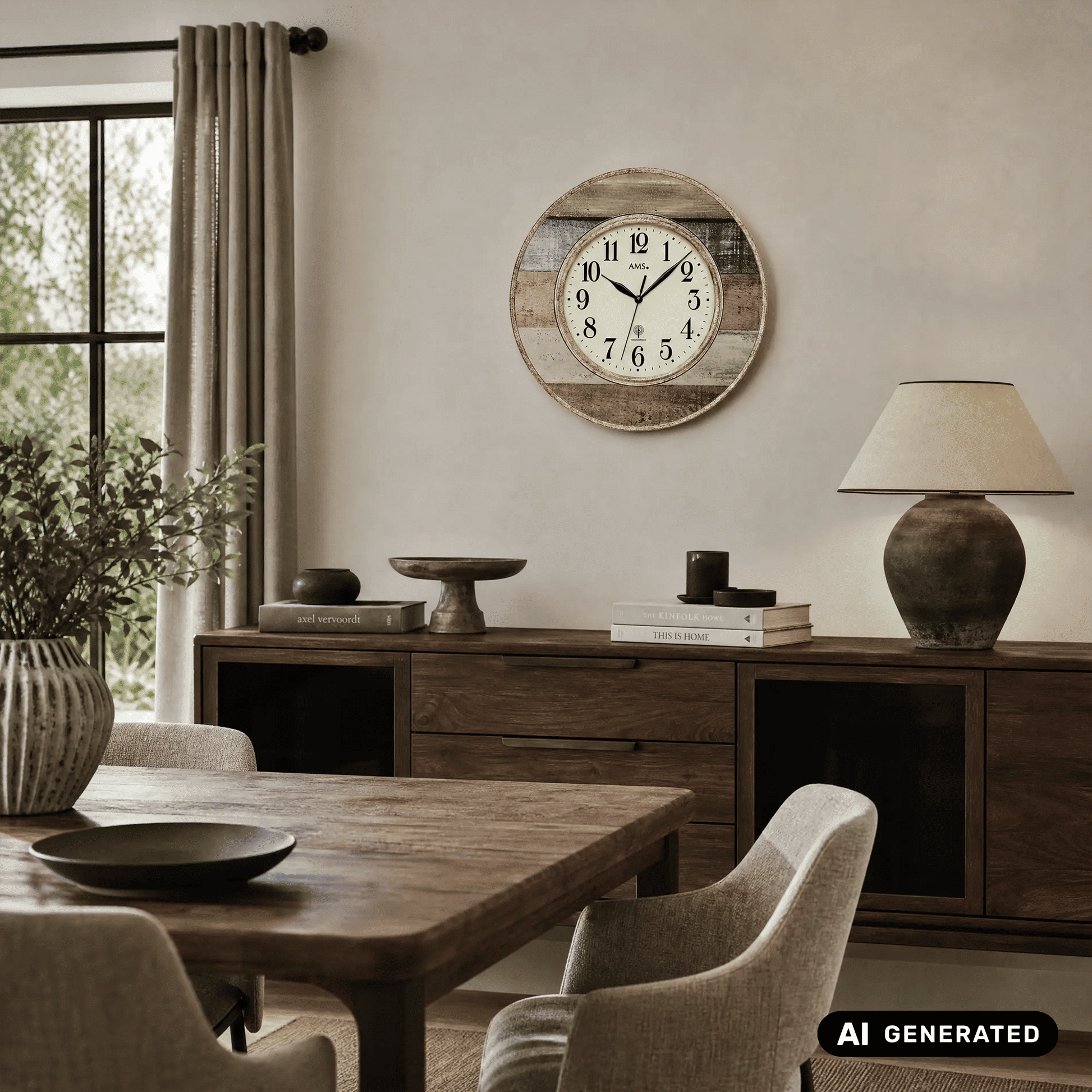 Runde Wanduhr im Landhausstil, brauner Rahmen und weißes Ziffernblatt an der Wand