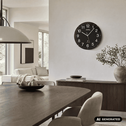 AMS Funk-Wanduhr schwarz an der Wand, mit weißen Ziffern und schlanken Zeigern