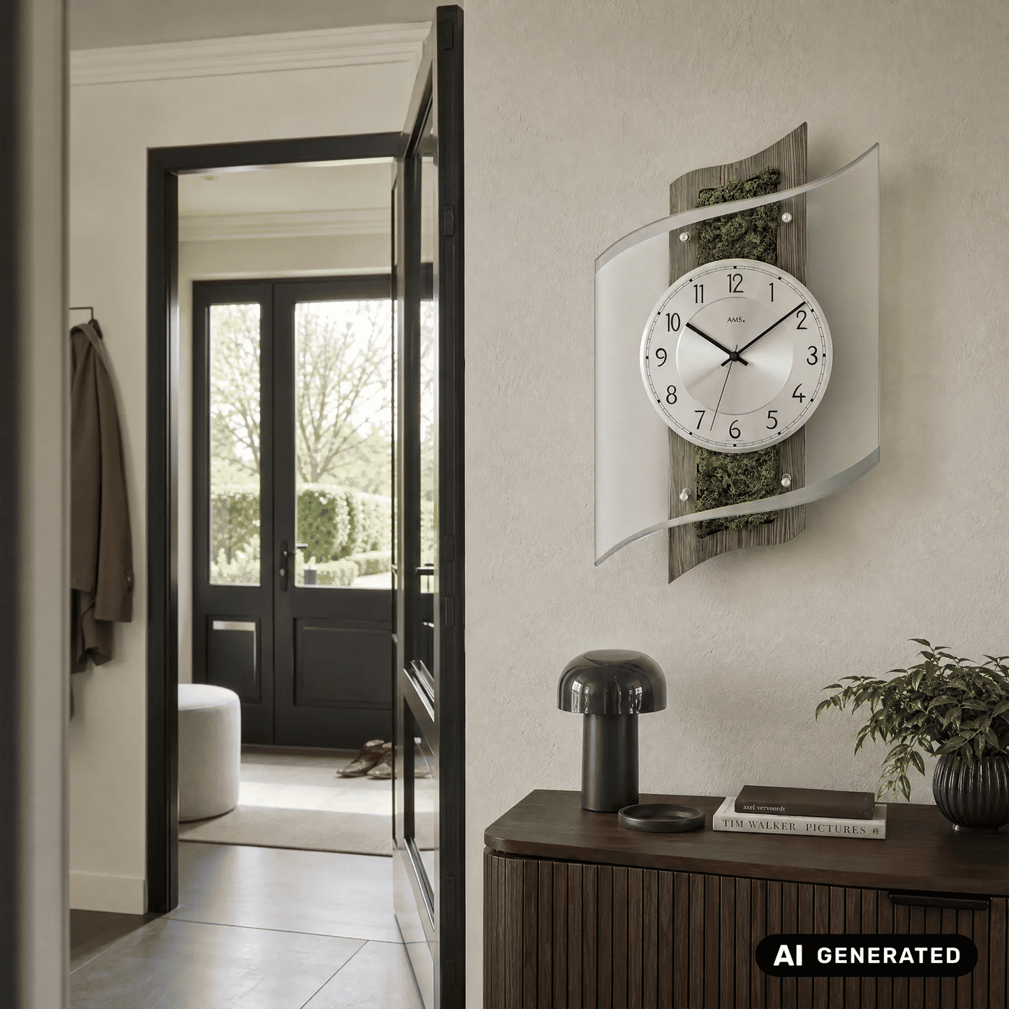 Wanduhr mit rundem Zifferblatt im Glasgehäuse auf Holzrückwand