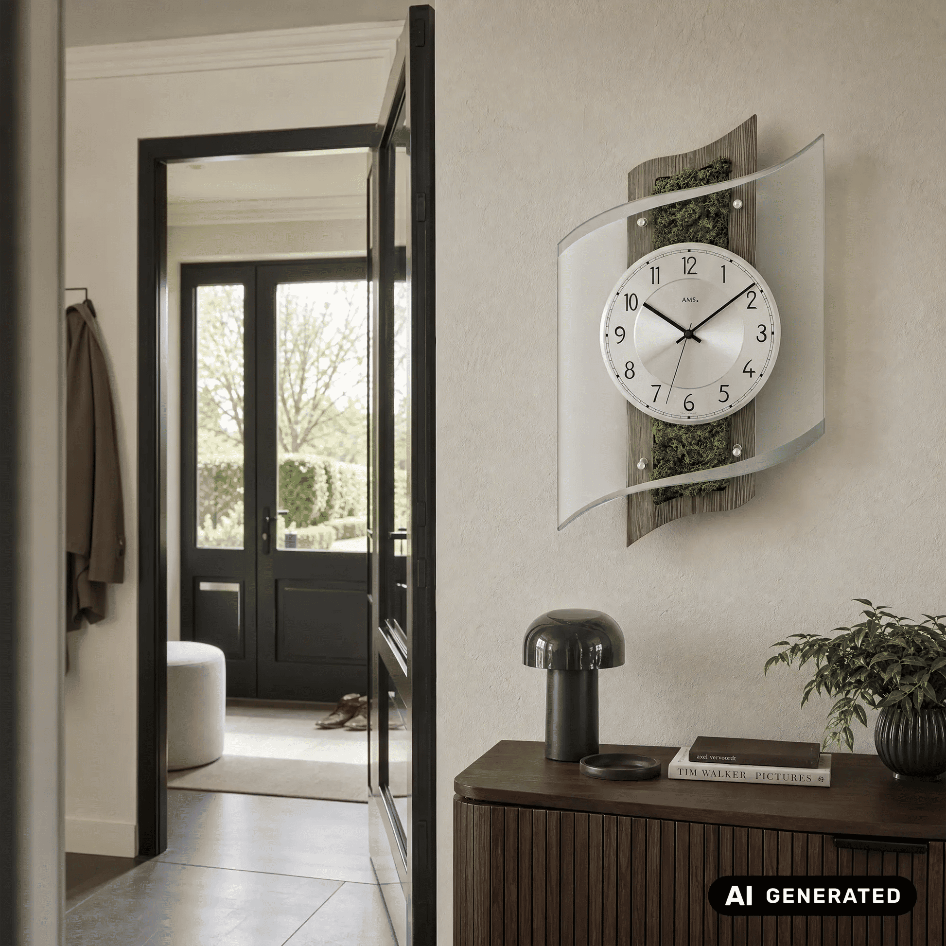 Wanduhr mit rundem Zifferblatt im Glasgehäuse auf Holzrückwand