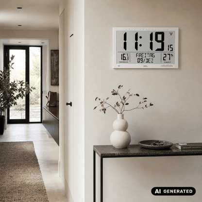 Weiße Wanduhr mit Digitaldisplay, zeigt Uhrzeit sowie Temperatur- und Feuchtigkeitswerte.