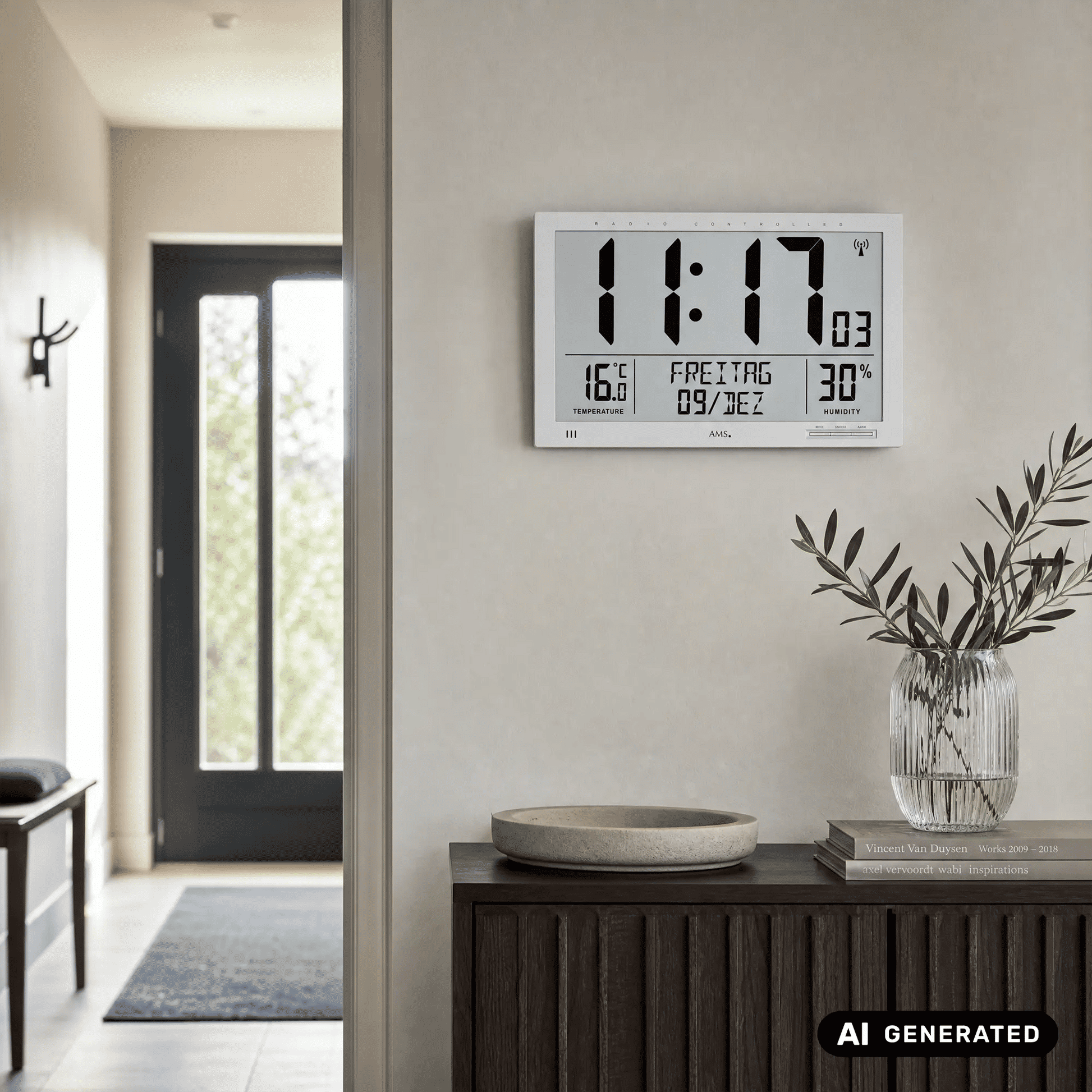 Wanduhr mit Digitaldisplay an der Wand, silberfarben, Temperatur- und Feuchtigkeitsanzeige