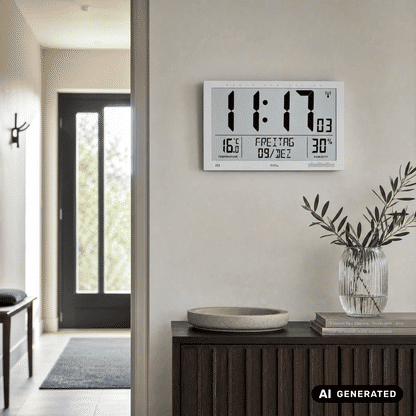 Wanduhr mit Digitaldisplay an der Wand, silberfarben, Temperatur- und Feuchtigkeitsanzeige