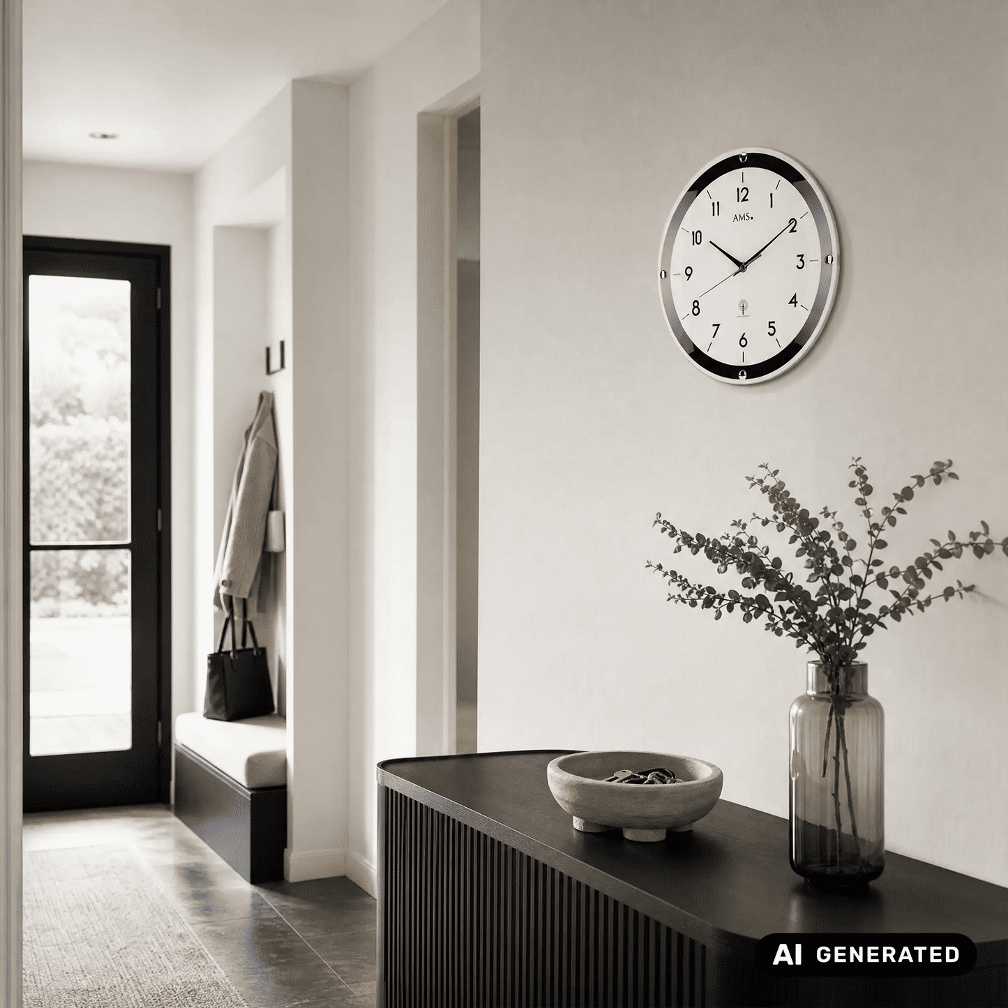 Wanduhr an der Wand, schmaler silberner Rand, schwarzer Rahmen, weißes Zifferblatt