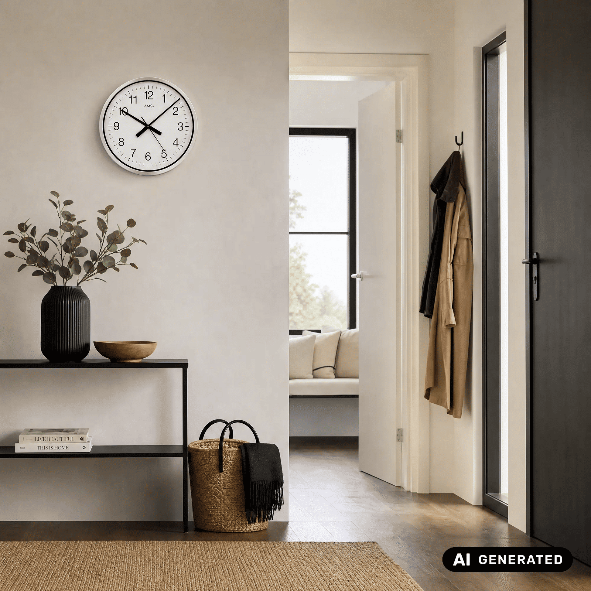 Wanduhr mit weißem Zifferblatt, schwarzen Zahlen und kreisförmigem Aluminiumrahmen
