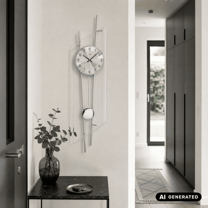 Silberne Wanduhr: rundes Zifferblatt und Kugel-Pendelgewicht an zwei langen Stangen