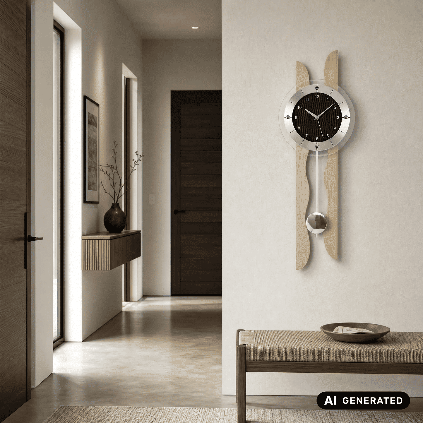 Wanduhr an der Wand: schwarzes Zifferblatt, Ahornholz, Glaspendel