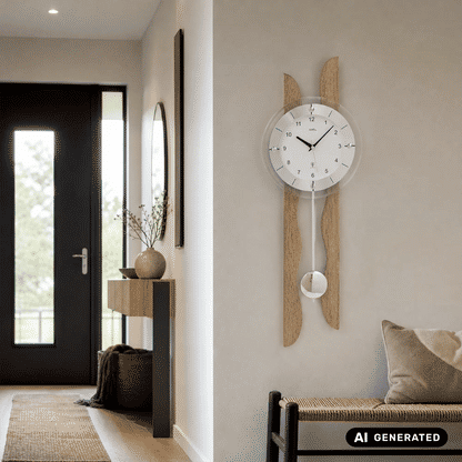 Wanduhr an der Wand mit weißem Zifferblatt, Holzrahmen und Pendelkugel