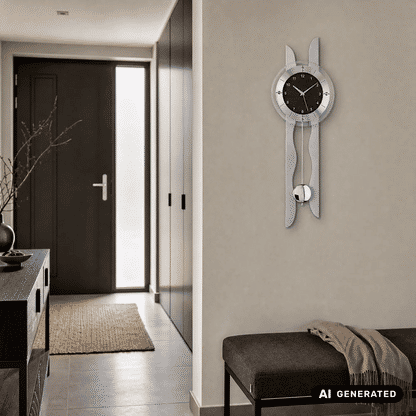 Wanduhr mit silbernen Elementen, rundes schwarzes Zifferblatt und zwei Pendelgewichte