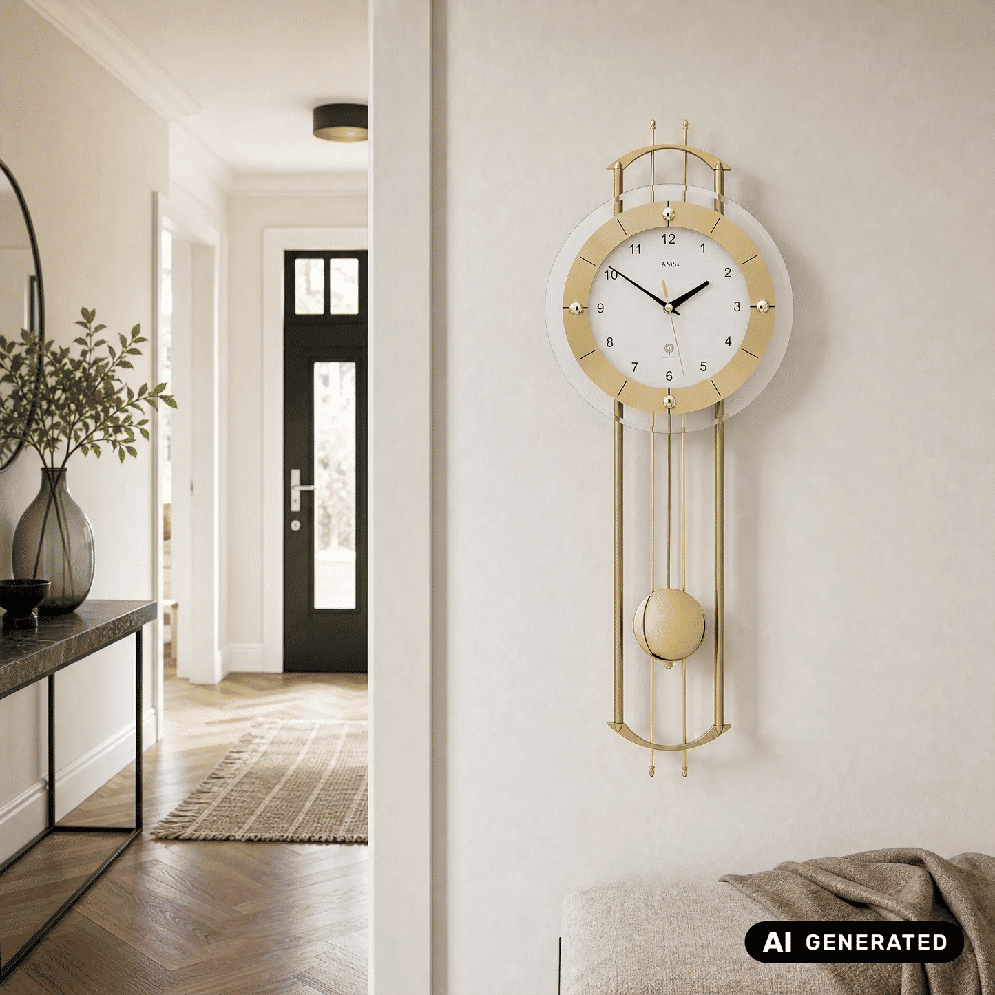 Funk-Pendelwanduhr mit großem Zifferblatt und goldenen Pendelstäben