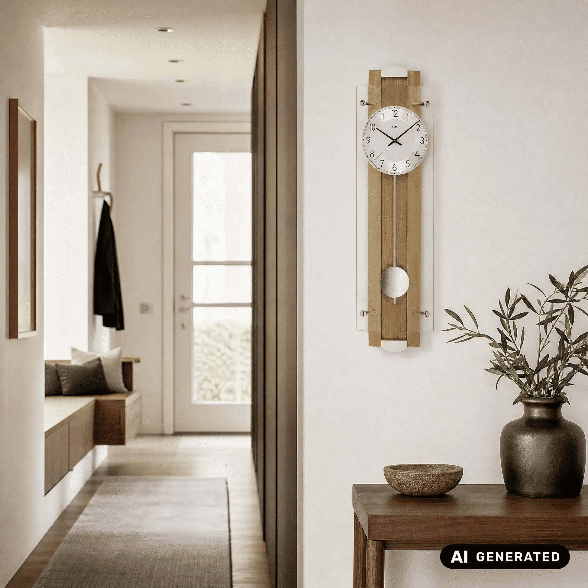 Pendel-Wanduhr an der Wand mit Buchenholzrahmen und rundem Pendel unten