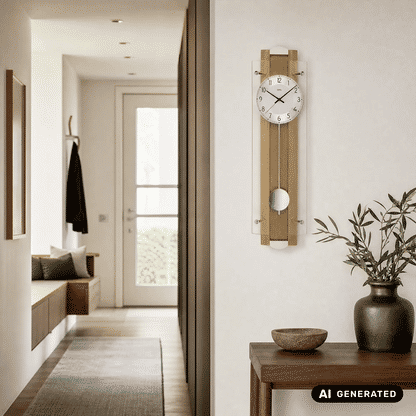 Pendel-Wanduhr an der Wand mit Buchenholzrahmen und rundem Pendel unten