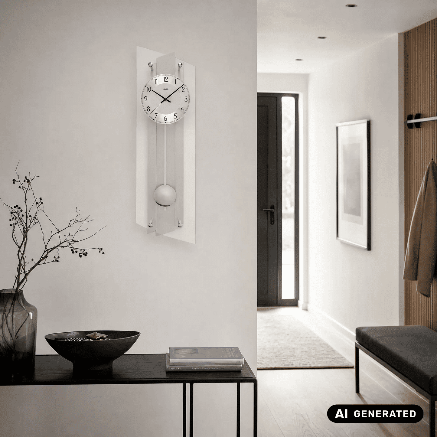 Wanduhr mit Mineralglasfront und langen Pendelstäben, rundem Gewichtsball