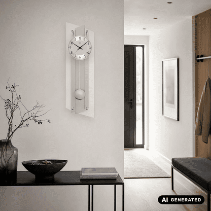 Wanduhr mit Mineralglasfront und langen Pendelstäben, rundem Gewichtsball