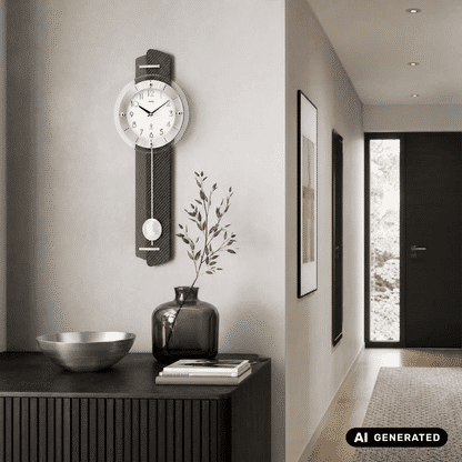 Pendelwanduhr an der Wand mit rundem Uhrwerk, Anthrazit und silberner Zeigeranlage