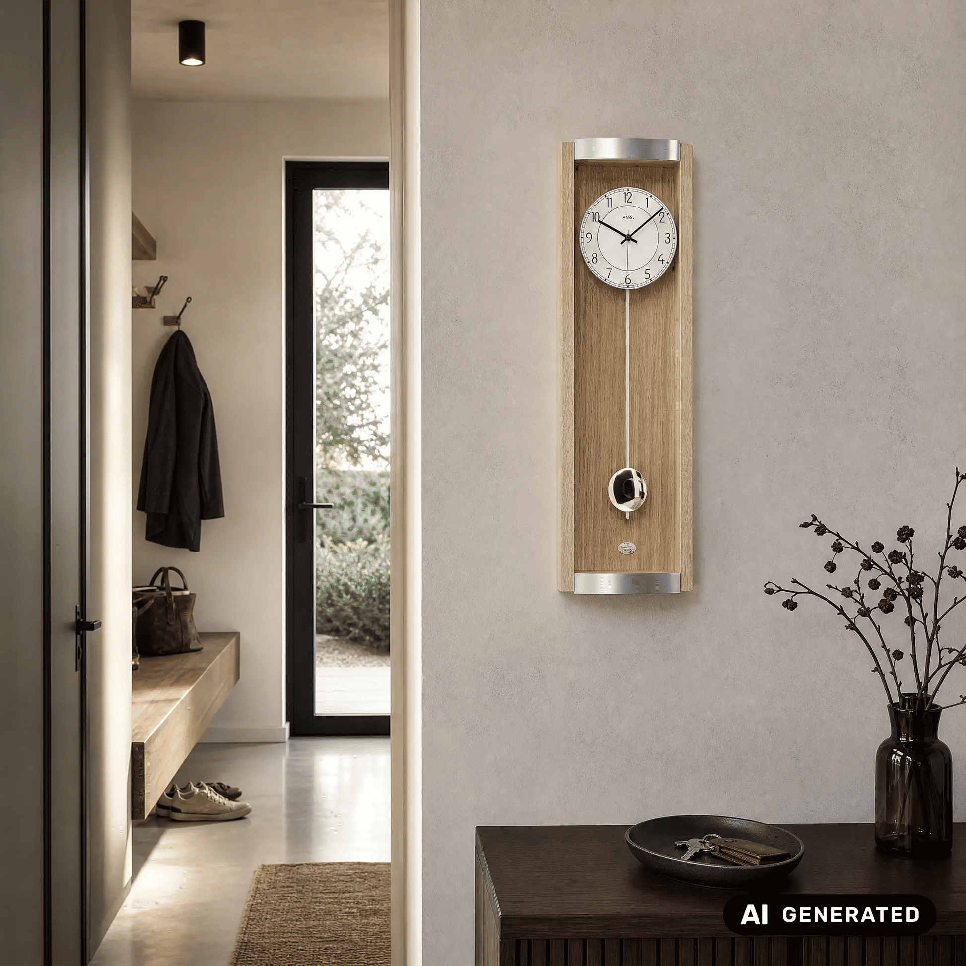 Wanduhr an Wand mit Eiche-Holzrahmen, analoge Uhr und silbernem Pendelknopf