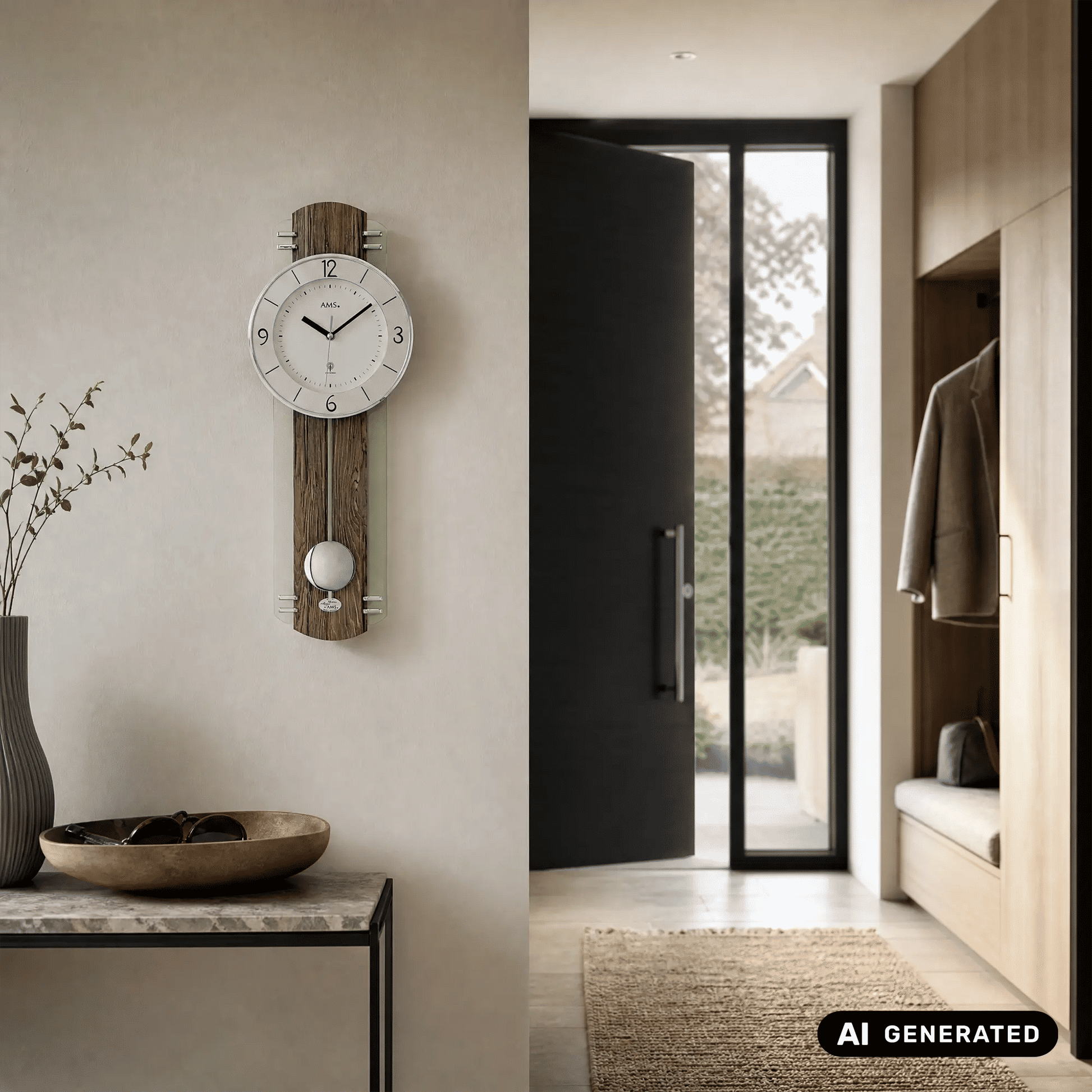 Pendel-Wanduhr mit Holzgehäuse, großem Ziffernblatt und abgerundetem Pendel