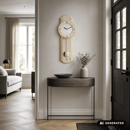 Wanduhr aus hellem Holz mit rundem Zifferblatt, Mineralglas und Pendel