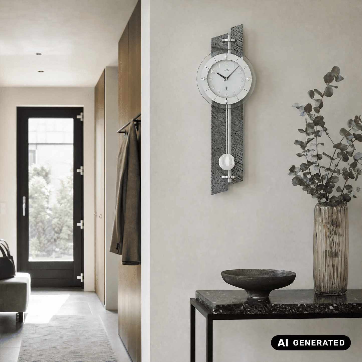 Wanduhr an der Wand mit rundem Ziffernblatt und Pendelgewicht, Edelstahloptik