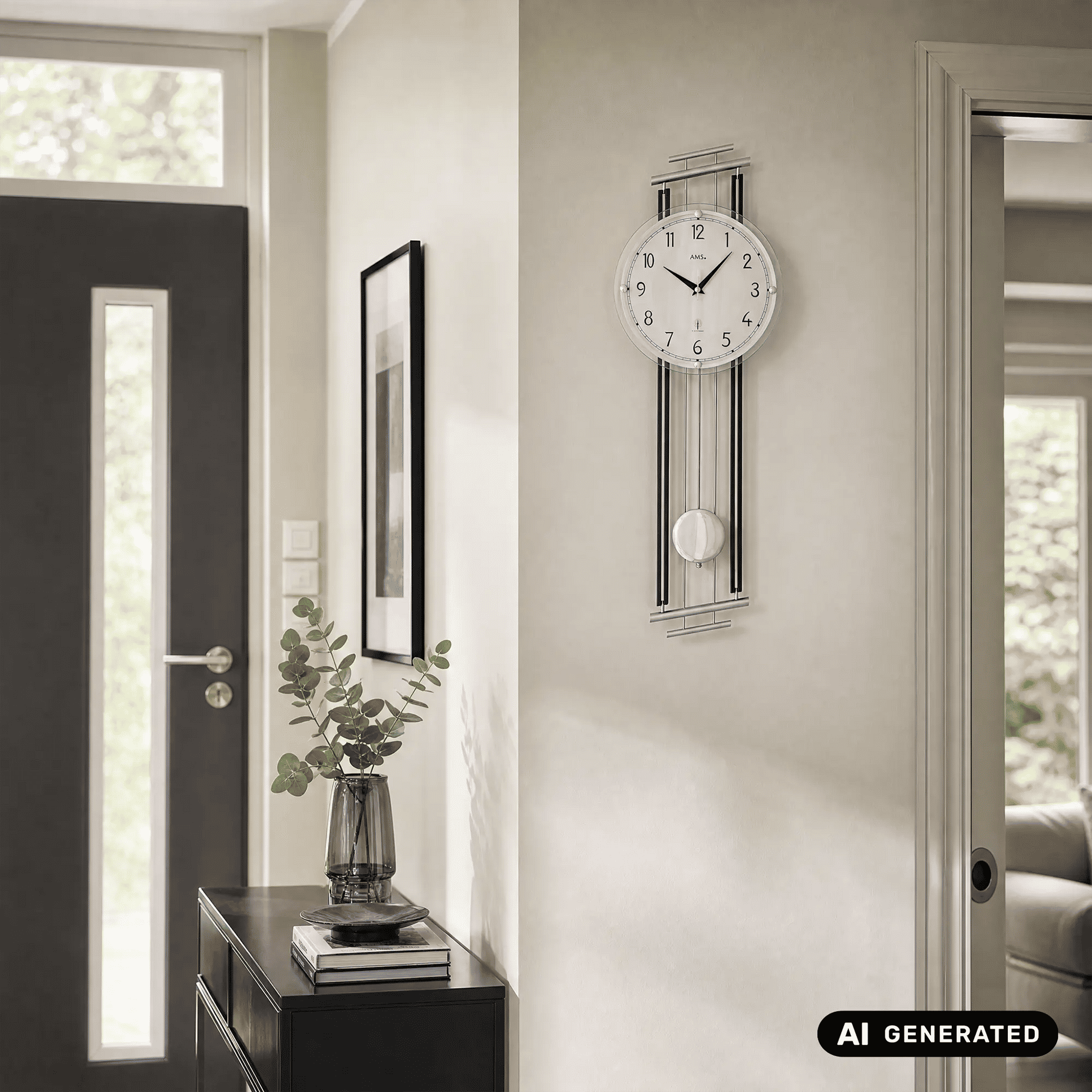 Wanduhr mit rundem Zifferblatt, Pendel und silbernem Rahmen für die Wand