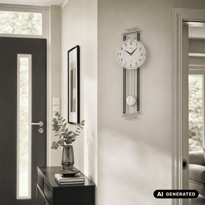 Wanduhr mit rundem Zifferblatt, Pendel und silbernem Rahmen für die Wand